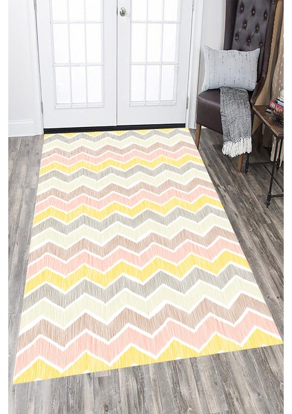 Kaymaz Dot Taban Yıkanabilir Dijital Baskı Renkli Zikzak Desenli Salon Halısı 80 x 100