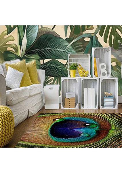 Kaymaz Dot Taban Yıkanabilir Dijital Baskı Tavus Kuşu Desenli Salon Halısı 80 x 100