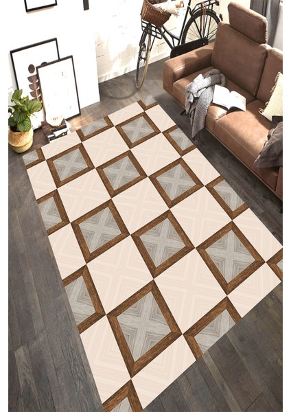 Kaymaz Dot Taban Yıkanabilir Dijital Baskı Ahşap Çerçeve Desenli Salon Halısı 80 x 250