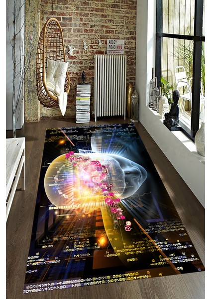 Kaymaz Dot Taban Yıkanabilir Dijital Baskı Zihnin Gücü Tasarımlı Salon Halısı 180 x 280