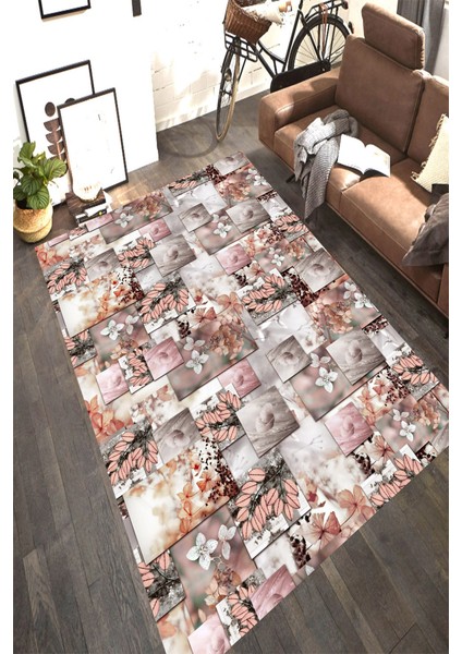 Kaymaz Dot Taban Yıkanabilir Dijital Baskı Doğadan Kareler Desenli Salon Halısı 80 x 100