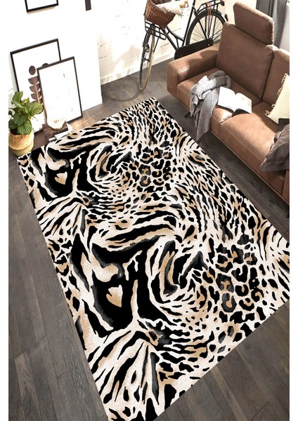 Kaymaz Dot Taban Yıkanabilir Dijital Baskı Dalgalı Leopar Desenli Salon Halısı 80 x 100