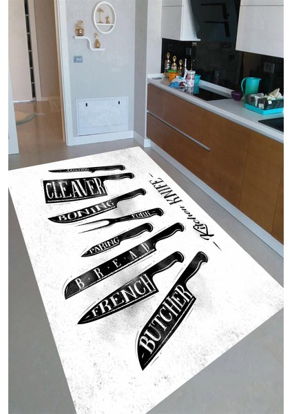 Kaymaz Dot Taban Yıkanabilir Dijital Baskı Şef Bıçakları Desenli Mutfak Halısı 80 x 600