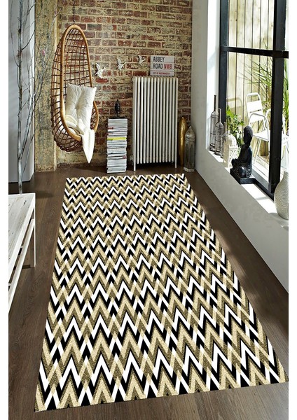 Kaymaz Dot Taban Yıkanabilir Dijital Baskı Gold Detay Zikzak Desenli Salon Halısı 200 x 250