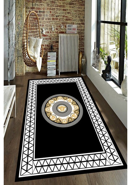 Kaymaz Dot Taban Yıkanabilir Dijital Baskı Çerçeve Detay Mühür Çizimli Salon Halısı 200 x 250