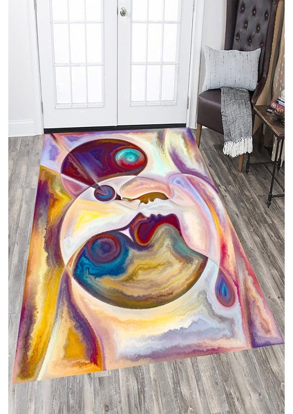 Kaymaz Dot Taban Yıkanabilir Dijital Baskı Sanatsal Yüzler Desenli Salon Halısı 200 x 300