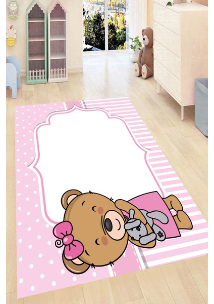 Kaymaz Dot Taban Yıkanabilir Dijital Baskı Kurdeleli Ayıcık Desenli Çocuk Halısı 80 x 250