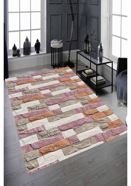 Kaymaz Dot Taban Yıkanabilir Dijital Baskı Modern Renkli Taş Duvar Tasarımlı Salon Halısı 80 x 250