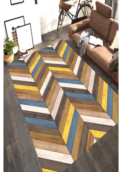 Kaymaz Dot Taban Yıkanabilir Dijital Baskı Kahve Tonlu Ahşap Parke Zemin Desenli Salon Halısı 80 x 200