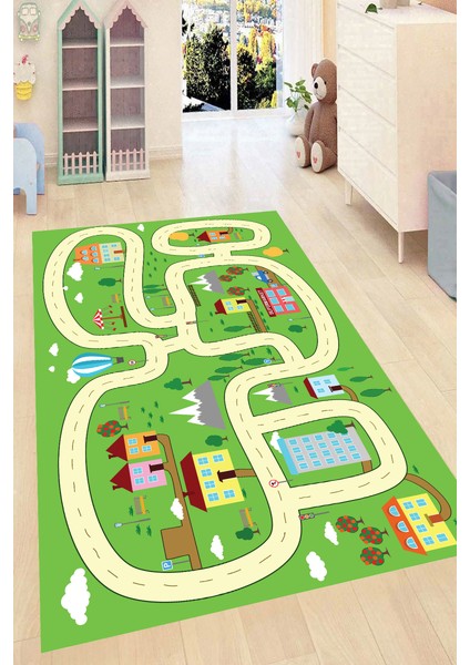 Kaymaz Dot Taban Yıkanabilir Dijital Baskı Şehir Yolu Oyunu Desenli Çocuk Halısı 80 x 100