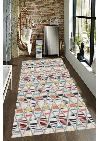 Kaymaz Dot Taban Yıkanabilir Dijital Baskı Örgü Desenli Çizgi Tasarımı Salon Halısı 200 x 250