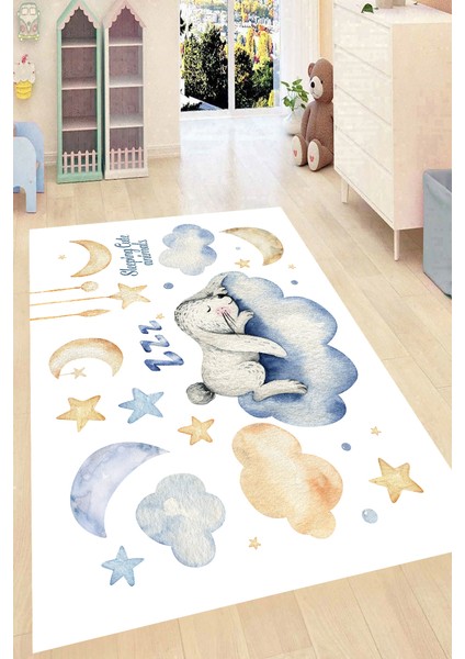 Kaymaz Dot Taban Yıkanabilir Dijital Baskı Uykudaki Tavşan Desenli Çocuk Halısı 200 x 300