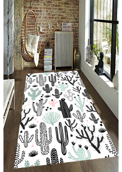 Kaymaz Dot Taban Yıkanabilir Dijital Baskı Modern Kaktüsler Çizimli Salon Halısı 200 x 250