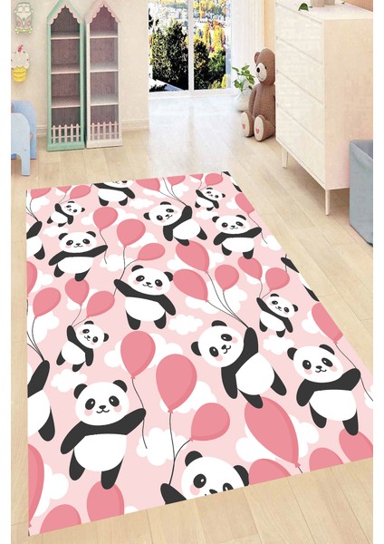 Kaymaz Dot Taban Yıkanabilir Dijital Baskı Balonlu Pandalar Desenli Çocuk Halısı 80 x 100