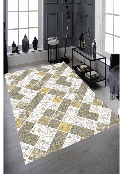 Kaymaz Dot Taban Yıkanabilir Antibakteriyel Dijital Baskı Simetrik Eskitme Desenli Salon Halısı 80 x 100