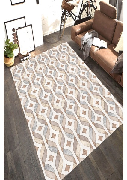 Kaymaz Dot Taban Yıkanabilir Dijital Baskı Simetrik Dalgalı Desenli Salon Halısı 80 x 100