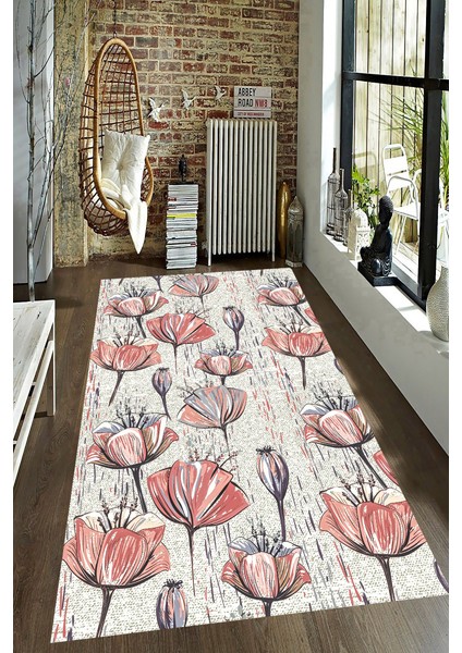 Kaymaz Dot Taban Yıkanabilir Dijital Baskı Pastel Çiçek Çizimli Salon Halısı 200 x 250
