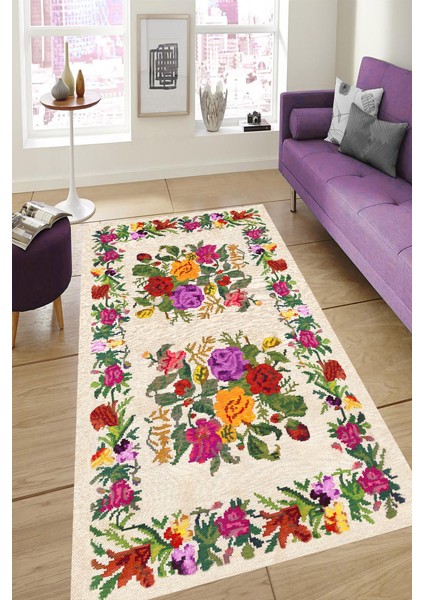 Kaymaz Dot Taban Yıkanabilir Dijital Baskı Hasır Çiçek İşleme Desenli Salon Halısı 200 x 250