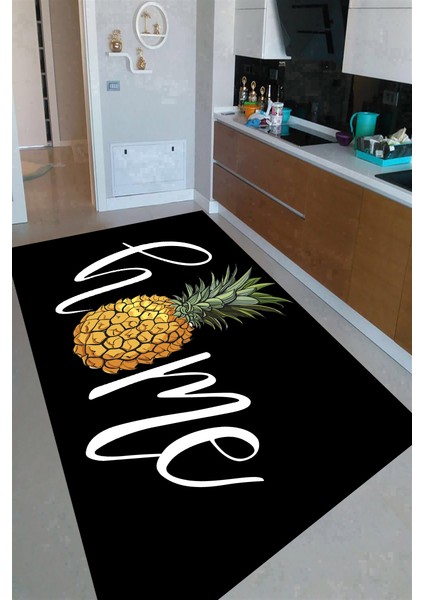 Kaymaz Dot Taban Yıkanabilir Dijital Baskı Ananas Çizimli Mutfak Halısı 80 x 100