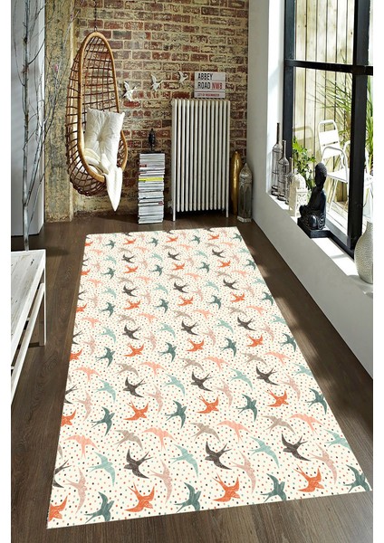 Kaymaz Dot Taban Yıkanabilir Dijital Baskı Renkli Kırlangıç Kuşları Desenli Salon Halısı 200 x 250