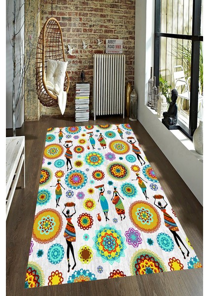 Kaymaz Dot Taban Yıkanabilir Dijital Baskı Otantik Afrika Yerlileri Desenli Salon Halısı 80 x 600