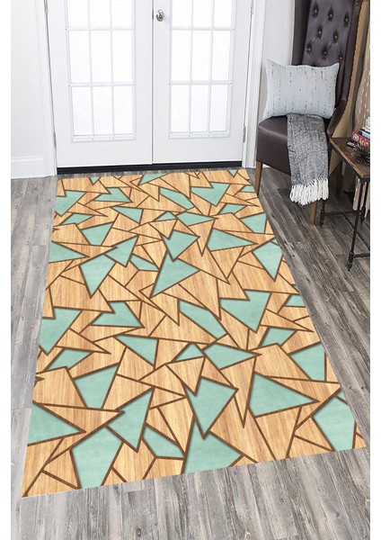 Kaymaz Dot Taban Yıkanabilir Dijital Baskı Parke Zemin Üçgen Desenli Salon Halısı 80 x 250