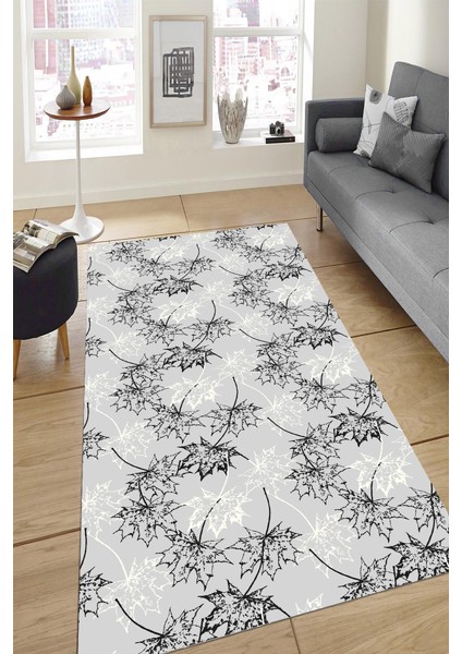 Kaymaz Dot Taban Yıkanabilir Dijital Baskı Dökülen Sonbahar Yaprakları Çizimli Salon Halısı 80 x 100