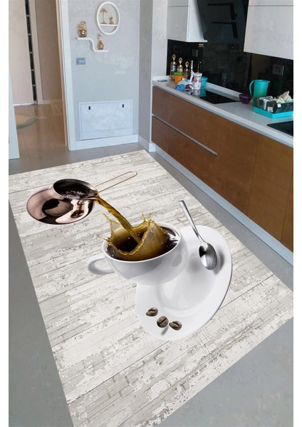 Kaymaz Dot Taban Yıkanabilir Dijital Baskı Türk Kahvesi Fincan Desenli Mutfak Halısı 80 x 250
