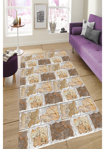 Kaymaz Dot Taban Yıkanabilir Dijital Baskı Taş Duvar Parşömen Parçaları Desenli Salon Halısı 180 x 280