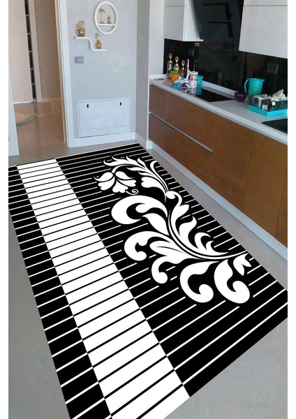 Kaymaz Dot Taban Yıkanabilir Dijital Baskı Siyah Beyaz Tuş Görünümü Desenli Mutfak Halısı 80 x 100