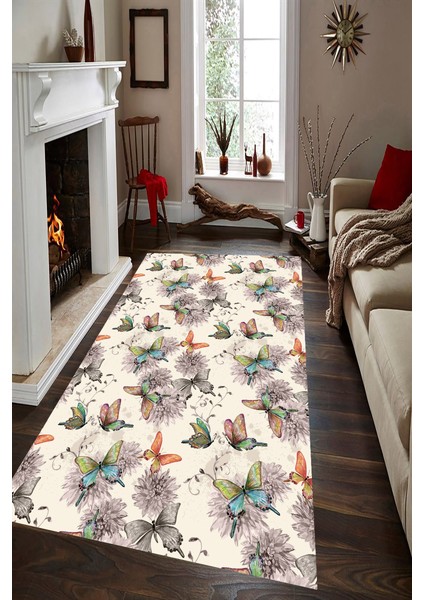 Kaymaz Dot Taban Yıkanabilir Dijital Baskı Kelebeklerin Dansı Desenli Salon Halısı 80 x 100