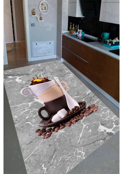 Kaymaz Dot Taban Yıkanabilir Dijital Baskı Granit Zemin Kahve Bardakları Desenli Mutfak Halısı 100 x 600