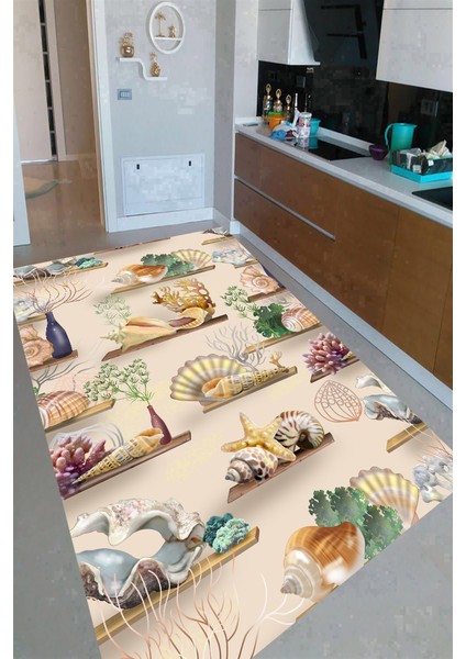 Kaymaz Dot Taban Yıkanabilir Dijital Baskı Raflarda Deniz Objeleri Desenli Mutfak Halısı 200 x 250