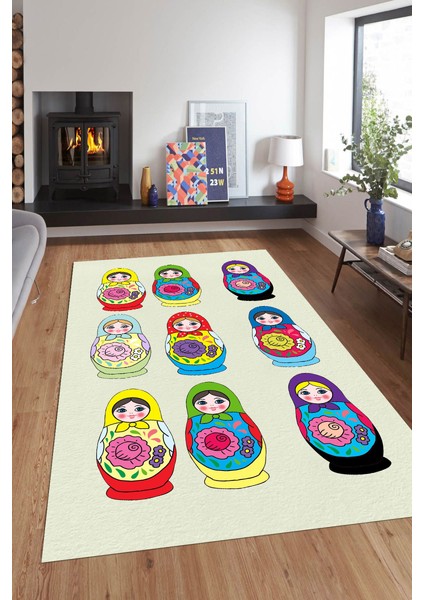 Kaymaz Dot Taban Yıkanabilir Dijital Baskı Matruşka Bebekleri Desenli Salon Halısı 80 x 100