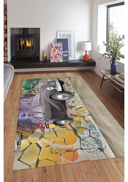 Kaymaz Dot Taban Yıkanabilir Dijital Baskı Taş Duvar Vosvos Desenli Salon Halısı 100 x 600