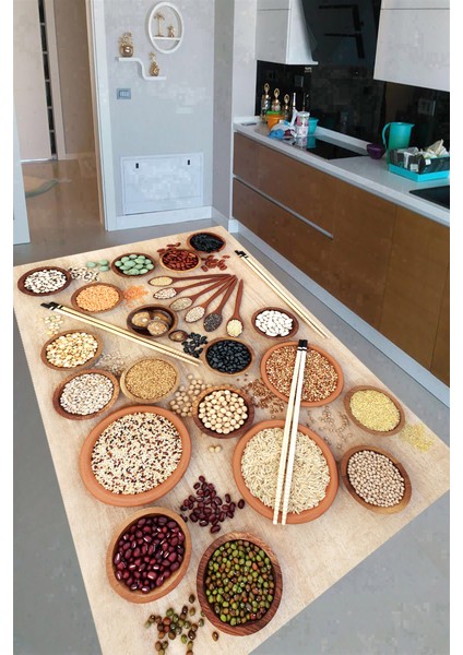 Kaymaz Dot Taban Yıkanabilir Dijital Baskı Tahta Kaseler Bakliyat Desenli Mutfak Halısı 80 x 100