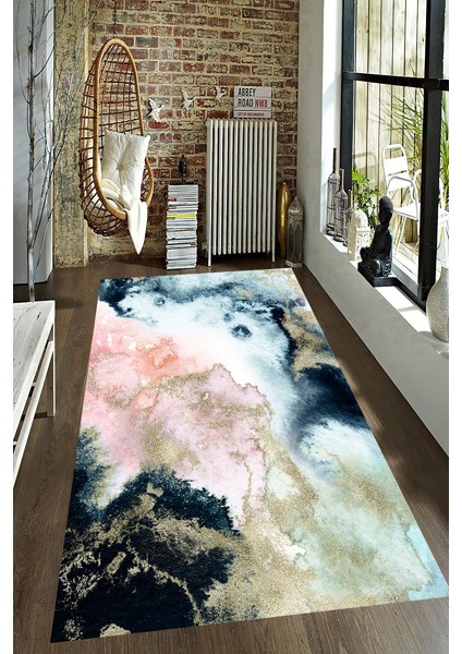 Kaymaz Dot Taban Yıkanabilir Dijital Baskı Altın Tozu Granit Efektli Salon Halısı 80 x 100