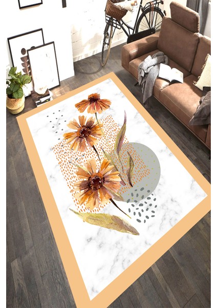 Kaymaz Dot Taban Yıkanabilir Dijital Baskı Mermer Zemin Çerçeve Detay Çiçek Desenli Salon Halısı 80 x 250