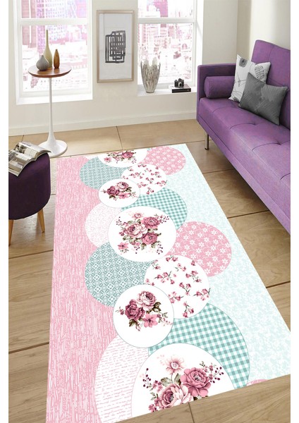 Kaymaz Dot Taban Yıkanabilir Dijital Baskı Çember Motif ve Çiçek Desenli Salon Halısı 80 x 100