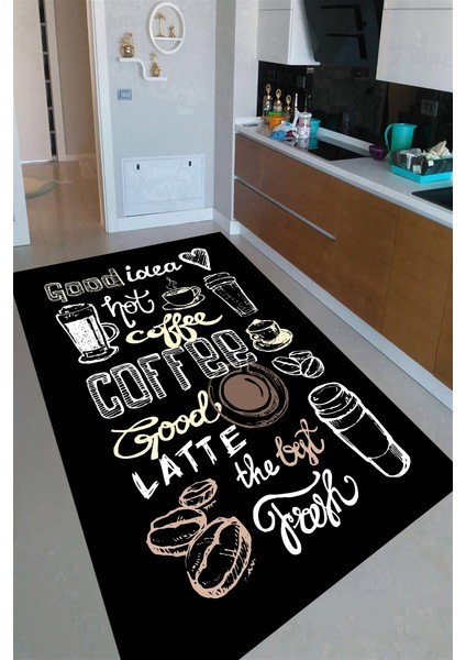 Kaymaz Dot Taban Yıkanabilir Dijital Baskı Kahve Bardakları Çizimli Mutfak Halısı 80 x 100