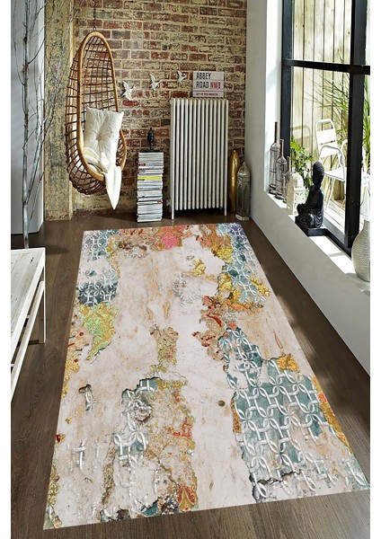 Kaymaz Dot Taban Yıkanabilir Dijital Baskı Eskitme Zincir Desenli Salon Halısı 80 x 200