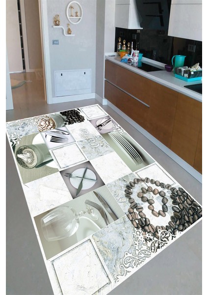 Kaymaz Dot Taban Yıkanabilir Dijital Baskı Restoran Temalı Mutfak Desenli Mutfak Halısı 80 x 200