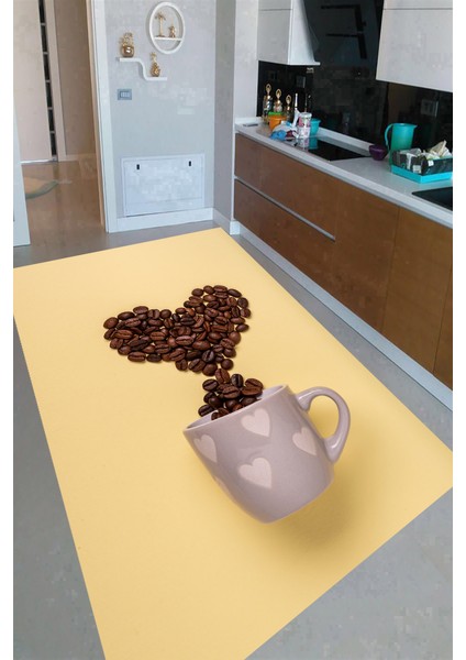Kaymaz Dot Taban Yıkanabilir Dijital Baskı Kalp Kahve Çekirdekleri Desenli Mutfak Halısı 80 x 200