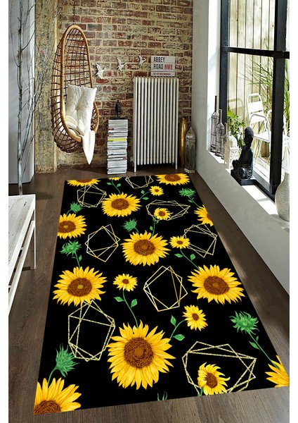 Kaymaz Dot Taban Yıkanabilir Dijital Baskı D Siyah Zemin Ayçiçek Desenli Salon Halısı 80 x 600