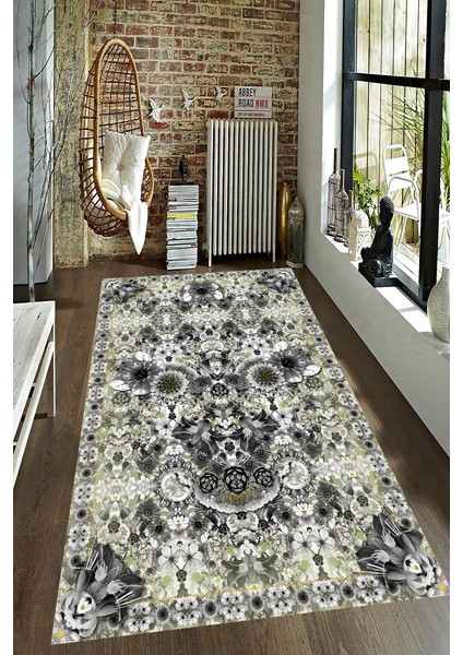 Kaymaz Dot Taban Yıkanabilir Dijital Baskı Gizemli Çiçek Motifleri Desenli Salon Halısı 80 x 100