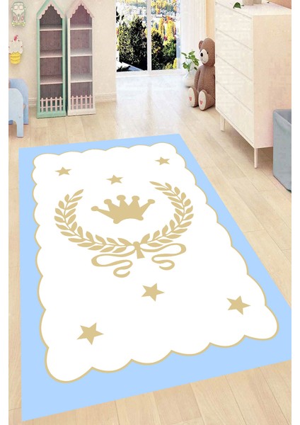 Kaymaz Dot Taban Yıkanabilir Dijital Baskı Çerçeve Detay Prens Tacı Desenli Çocuk Halısı 200 x 250