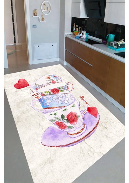 Kaymaz Dot Taban Yıkanabilir Dijital Baskı Kalp Detay Kahve Fincanları Desenli Mutfak Halısı 80 x 100