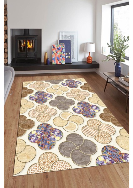 Kaymaz Dot Taban Yıkanabilir Dijital Baskı Çember Birleşim Motifli Salon Halısı 80 x 250