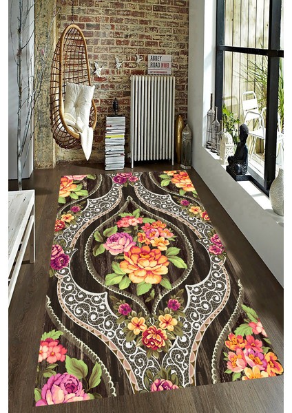Kaymaz Dot Taban Yıkanabilir Dijital Baskı Damla Çiçek Desenli Salon Halısı 80 x 250