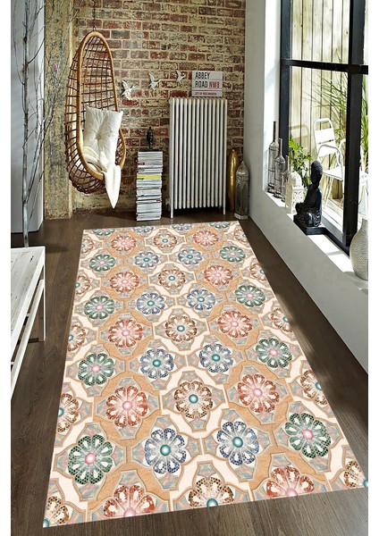 Kaymaz Dot Taban Yıkanabilir Dijital Baskı Eski Osmanlı Çiçek Motifleri Salon Halısı 80 x 100
